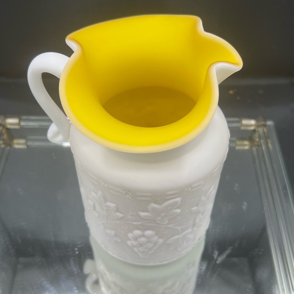 Vintage Kanawha Yellow Cased Milk Glass Grape Vine Pitcher